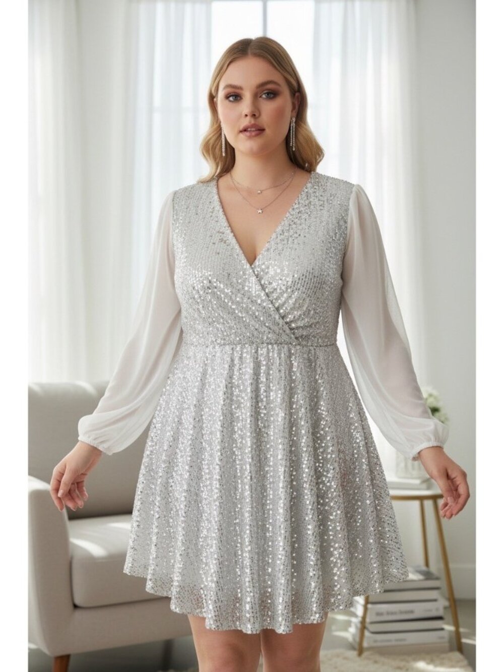 Women White Sequin Mini V Neck Loose Dress